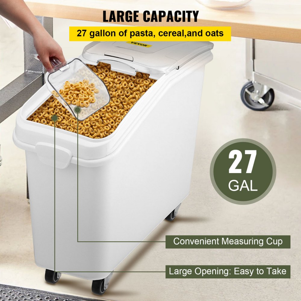 27 Gallon Ingredient Storage Bin 500 Cup Ingredient Bin with Scoop and Sliding Lid Commercial Food Container Ideal for Kitchen, White