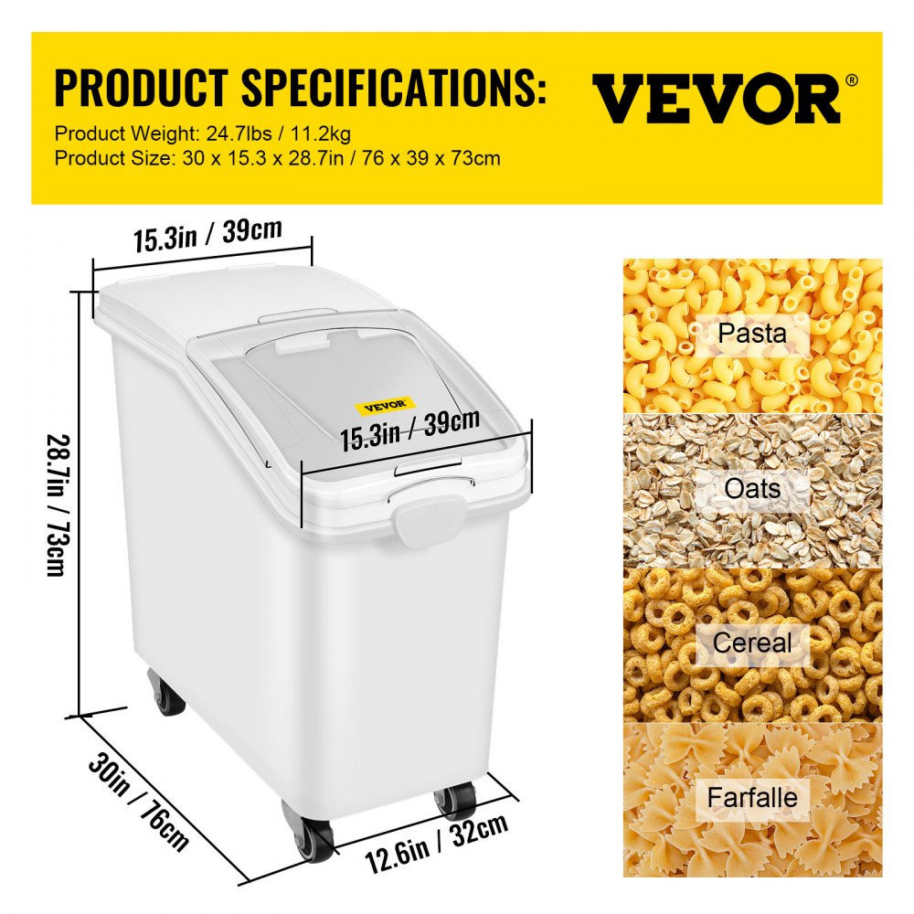 27 Gallon Ingredient Storage Bin 500 Cup Ingredient Bin with Scoop and Sliding Lid Commercial Food Container Ideal for Kitchen, White