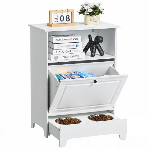 White elevated pet feeding station with two bowls, storage cabinet, and decorative elements.