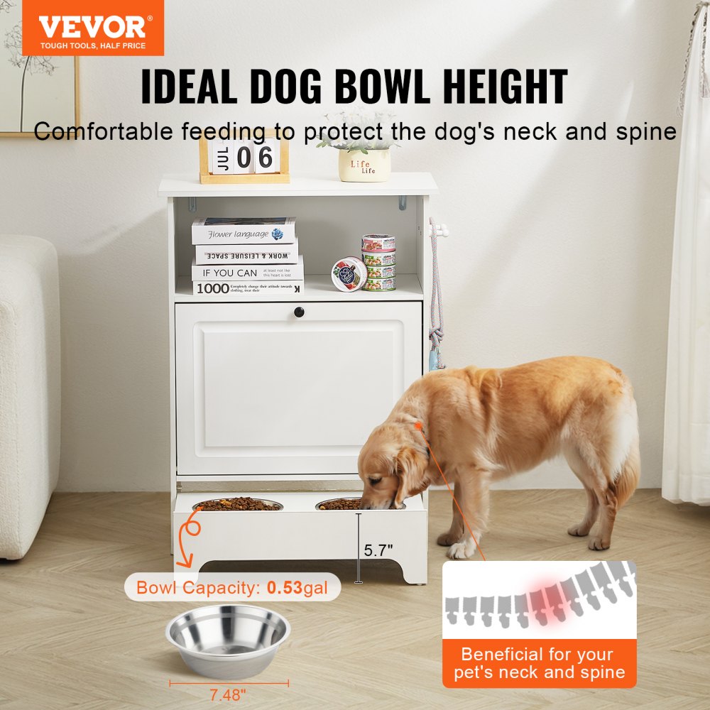 White elevated pet feeding station with storage cabinet and sliding drawer for bowls.