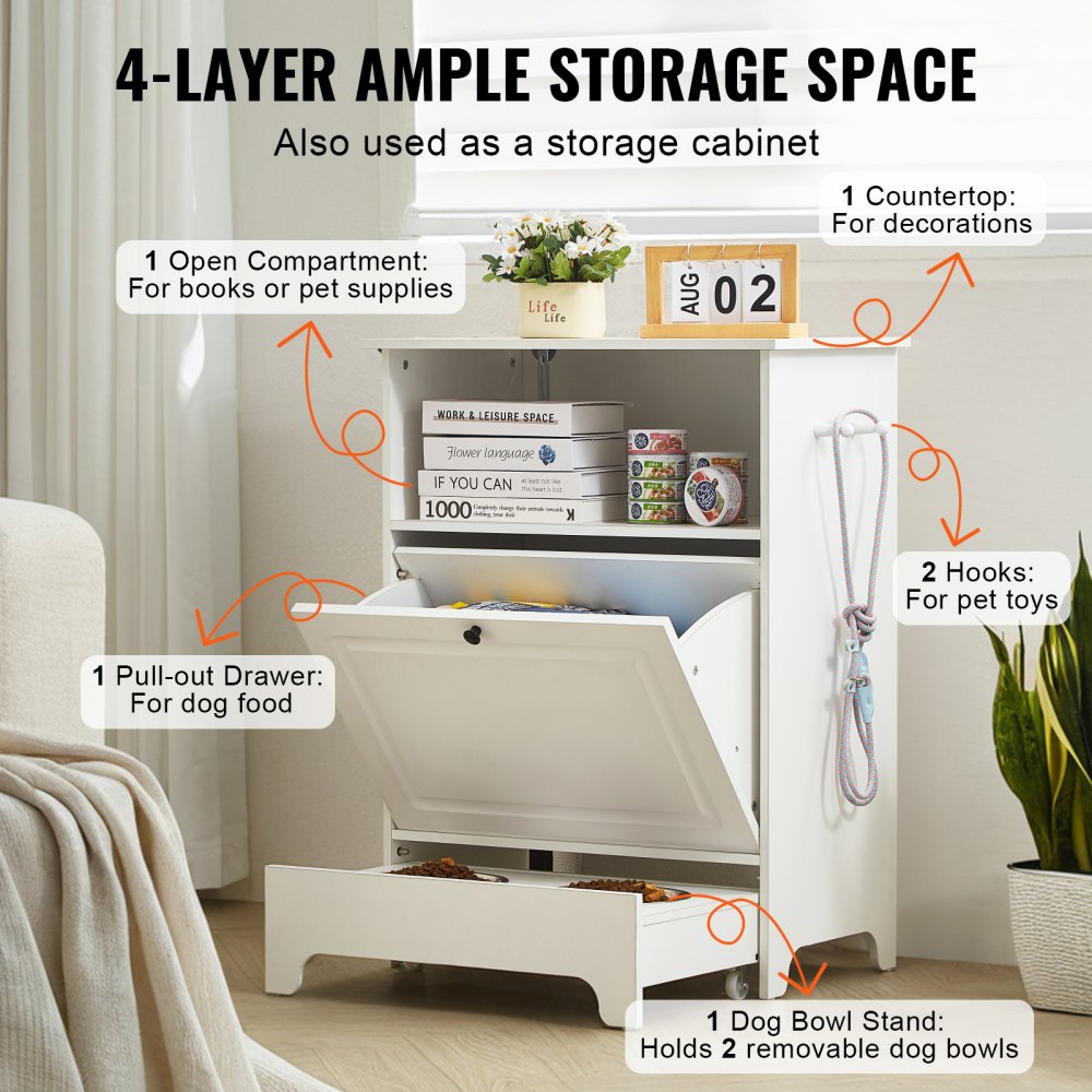 White elevated pet feeding station with storage cabinet, pull-out drawer, hooks, and top surface.