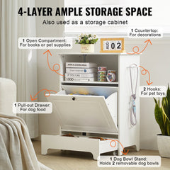 White elevated pet feeding station with storage cabinet, pull-out drawer, hooks, and top surface.