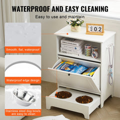 White elevated pet feeding station with stainless steel bowls, storage cabinet, and drawers.