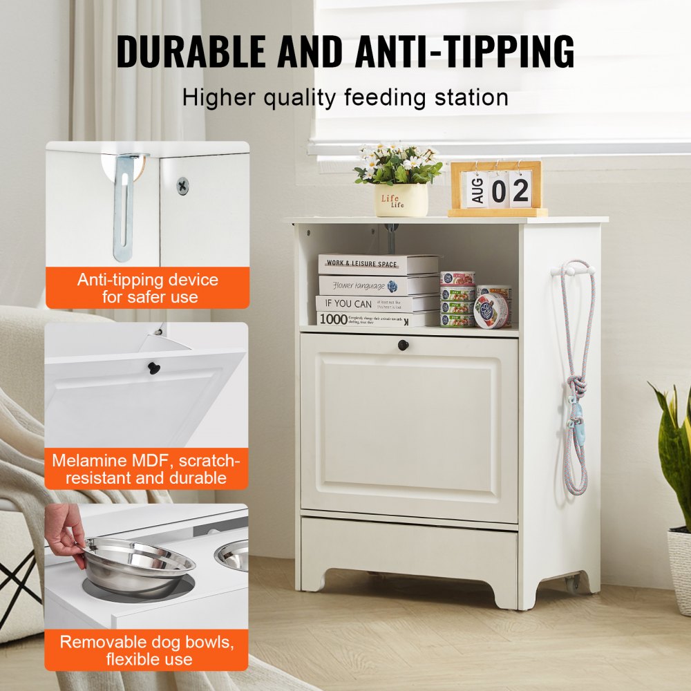 White elevated pet feeding station with storage cabinet and removable dog bowls.