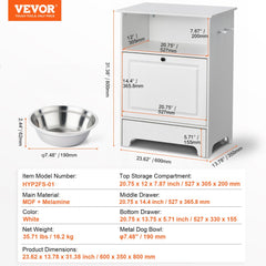 White elevated pet feeding station with storage cabinet, including stainless steel bowl and drawers.