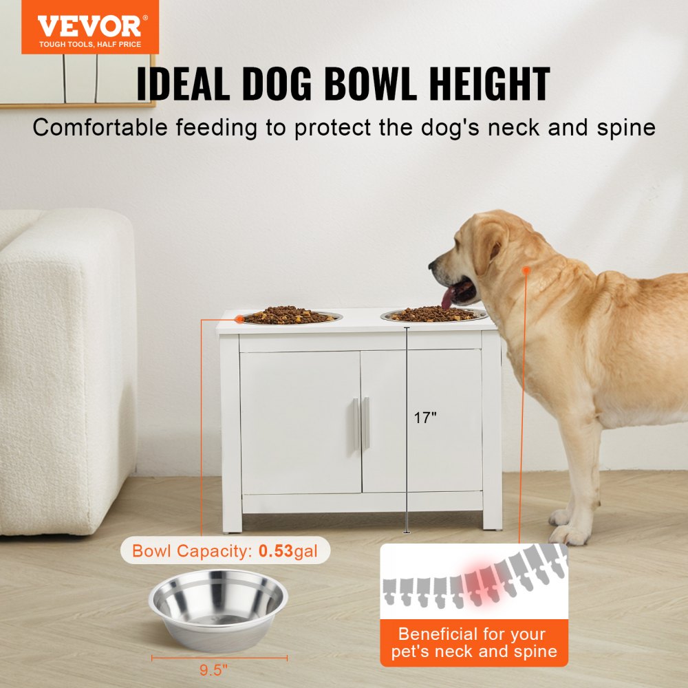 Elevated dog feeding station in white MDF with two stainless steel bowls and storage cabinet.