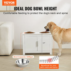 Elevated dog feeding station in white MDF with two stainless steel bowls and storage cabinet.