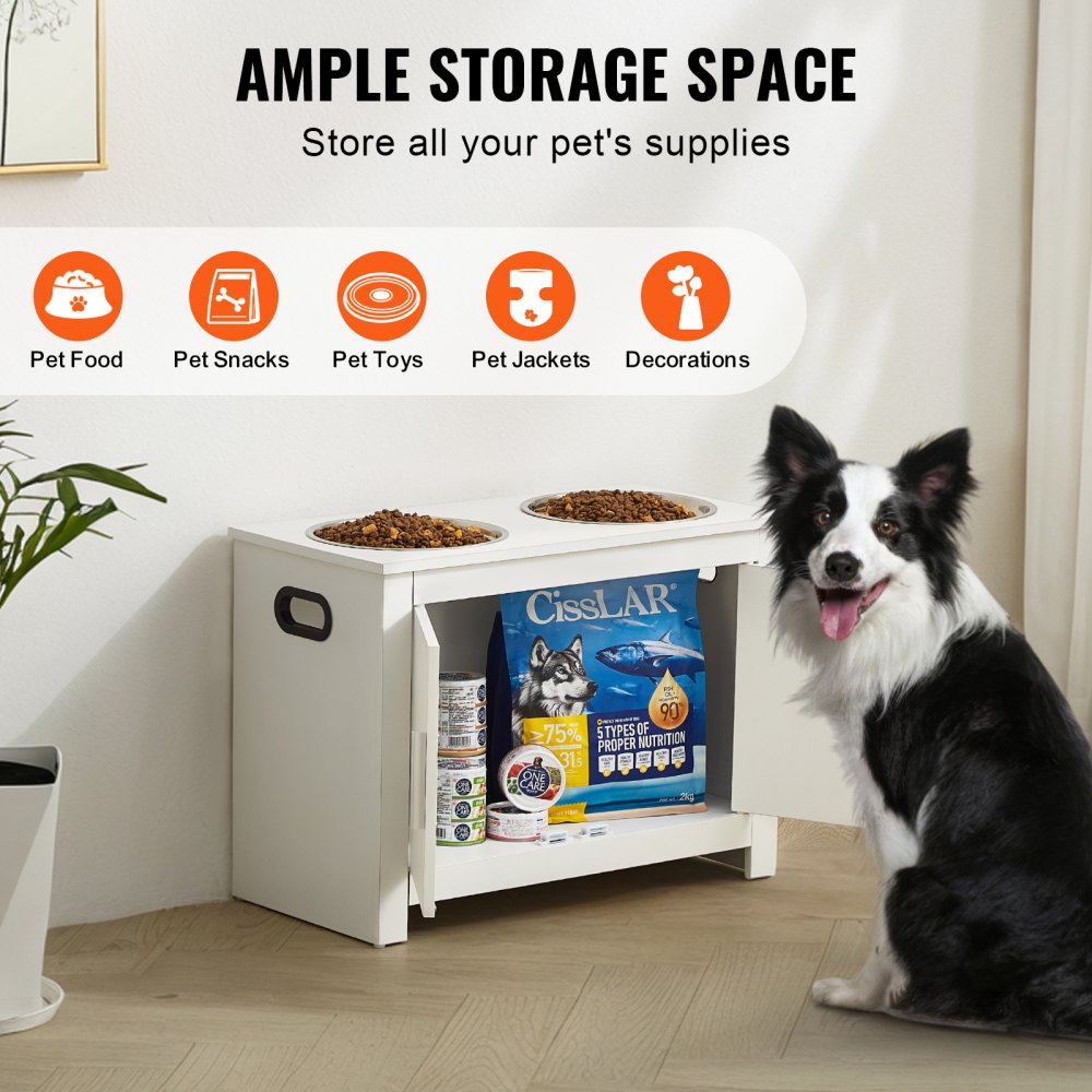 Elevated dog feeding station in white MDF with two stainless steel bowls and storage cabinet.