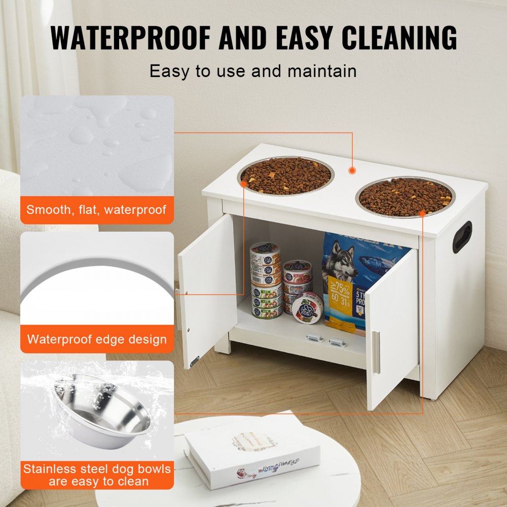 Elevated dog feeding station in white MDF with two stainless steel bowls and storage cabinet.