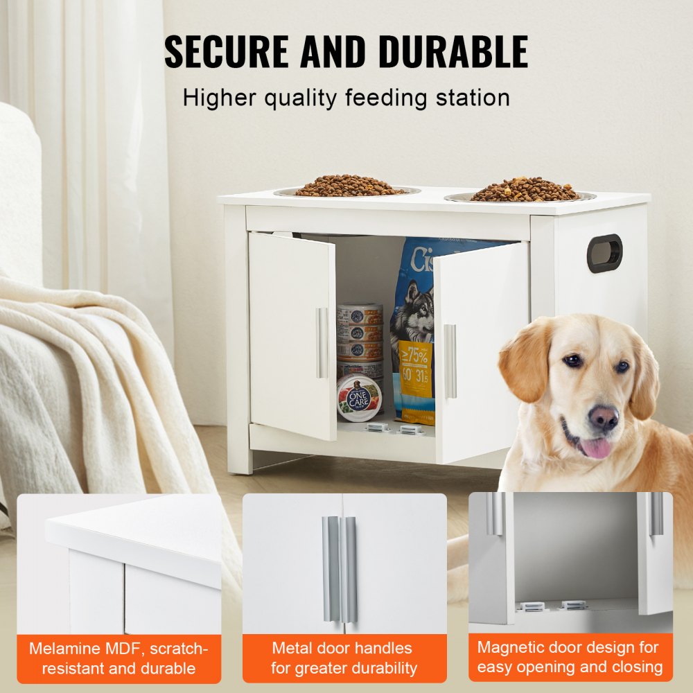 Elevated dog feeding station in white MDF with two stainless steel bowls and storage cabinet.