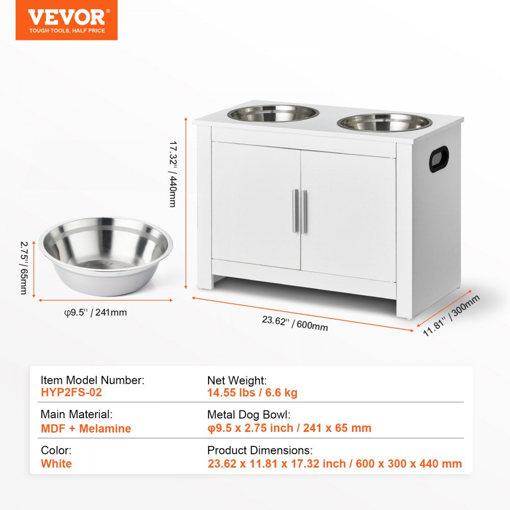 Elevated dog feeding station in white MDF with two stainless steel bowls and storage cabinet.