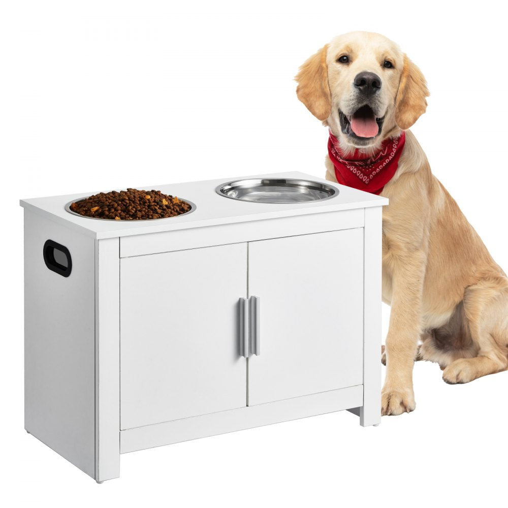 Elevated dog feeding station in white MDF with two stainless steel bowls and storage cabinet.