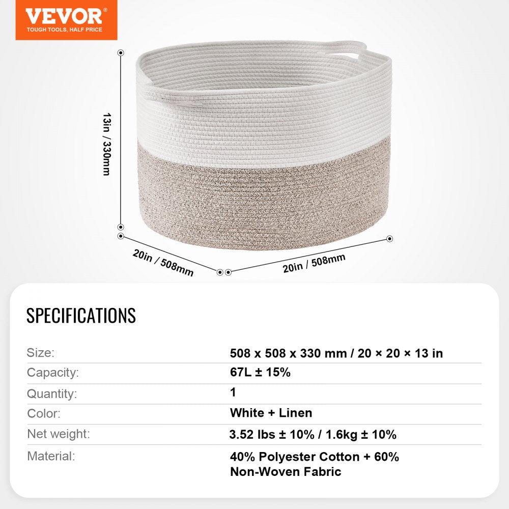 Cotton Rope Storage Basket 67L Woven Blanket Basket 20 x 20 x 13 in