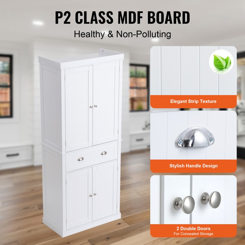 72" Kitchen Pantry Storage Cabinet, Freestanding Utility Cabinets with Doors, Drawer and 3 Adjustable Shelves, Tall Food Buffet Pantries for Kitchen, Living Room, Dinning Room, Laundry, White