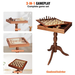 3-IN-1 Chess Checkers Backgammon Table Set, 18 Inch Premium Wooden Chess Table, Deluxe Combo Game Table Furniture Set, Chess Set Board Game Gift for Family Board Games