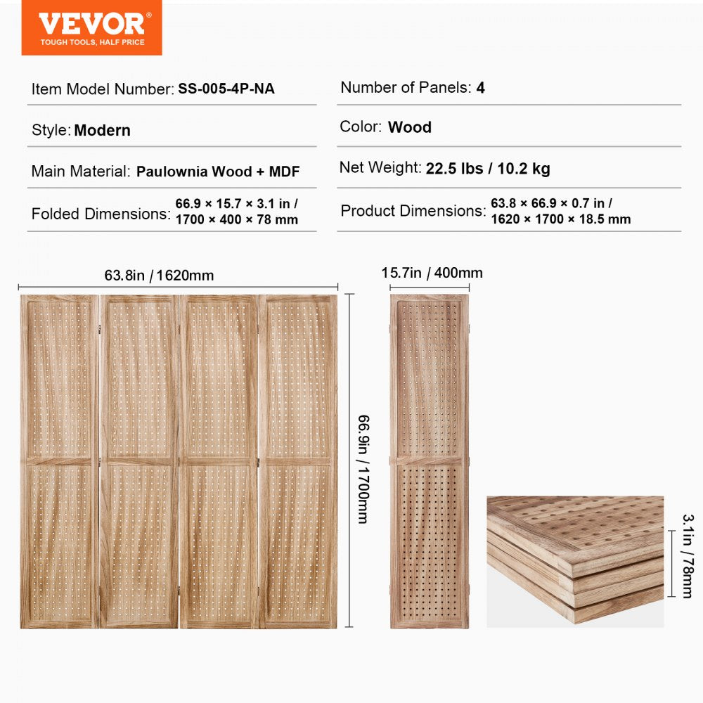 Wood Room Divider, 4 Panel Wood Folding Privacy Screen, 66.9 Inches Tall Indoor Carved Partition Divider, Portable Decoration Screen, for Room Separation, Home, Office, Restaurant & Bedroom