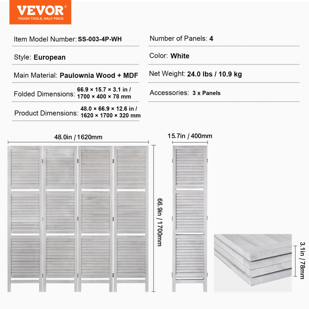 Wood Room Divider, 4 Panel Wood Folding Privacy Screen, 66.9 Inches Tall Indoor Louvered Partition Divider, Portable Decoration Screen, for Room Separation, Home, Office, Restaurant & Bedroom