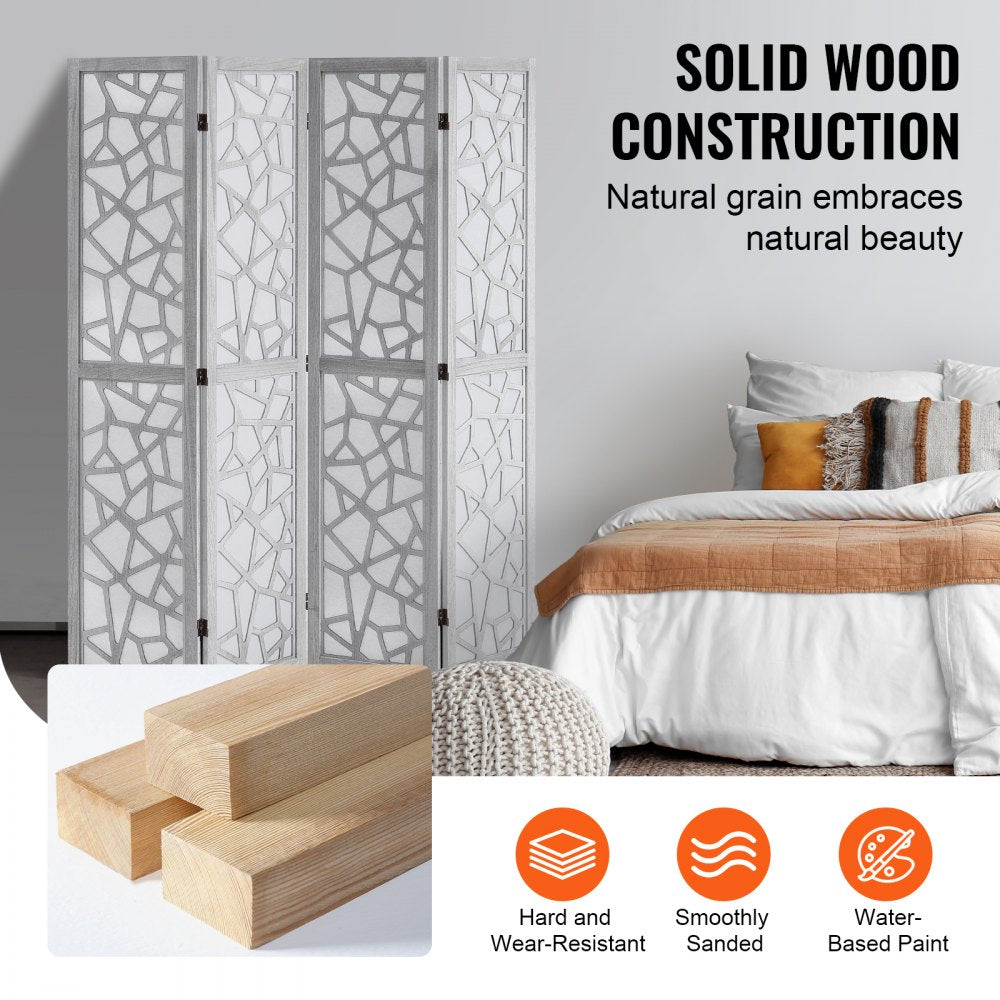 Wood Room Divider, 4 Panel Wood Folding Privacy Screen, 66.9 Inches Tall Indoor Carved Wooden Partition, Portable Decoration Screen, for Room Separation, Home, Office, Restaurant & Bedroom