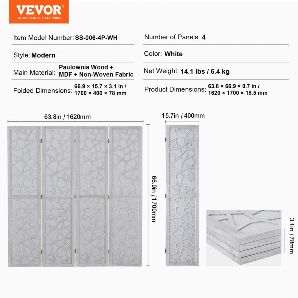 Wood Room Divider, 4 Panel Wood Folding Privacy Screen, 66.9 Inches Tall Indoor Carved Wooden Partition, Portable Decoration Screen, for Room Separation, Home, Office, Restaurant & Bedroom