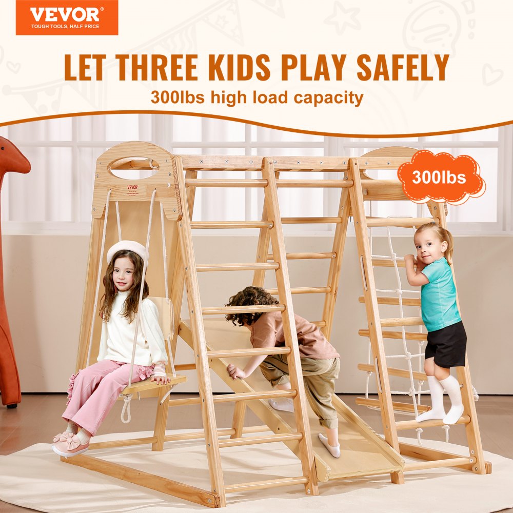 Indoor Jungle Gym, 7-in-1 Toddler Indoor Playground, Wooden Toddler Climbing Toys Indoor with Wood & Rope Ladder, Net Ladder, Swing, Monkey Bar, Slide, Climbing Wall, 43 x 47.2 x 47in