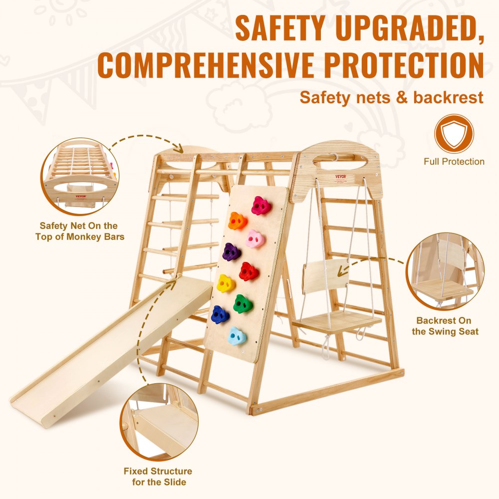 Indoor Jungle Gym, 7-in-1 Toddler Indoor Playground, Wooden Toddler Climbing Toys Indoor with Wood & Rope Ladder, Net Ladder, Swing, Monkey Bar, Slide, Climbing Wall, 43 x 47.2 x 47in
