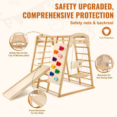 Indoor Jungle Gym, 7-in-1 Toddler Indoor Playground, Wooden Toddler Climbing Toys Indoor with Wood & Rope Ladder, Net Ladder, Swing, Monkey Bar, Slide, Climbing Wall, 43 x 47.2 x 47in