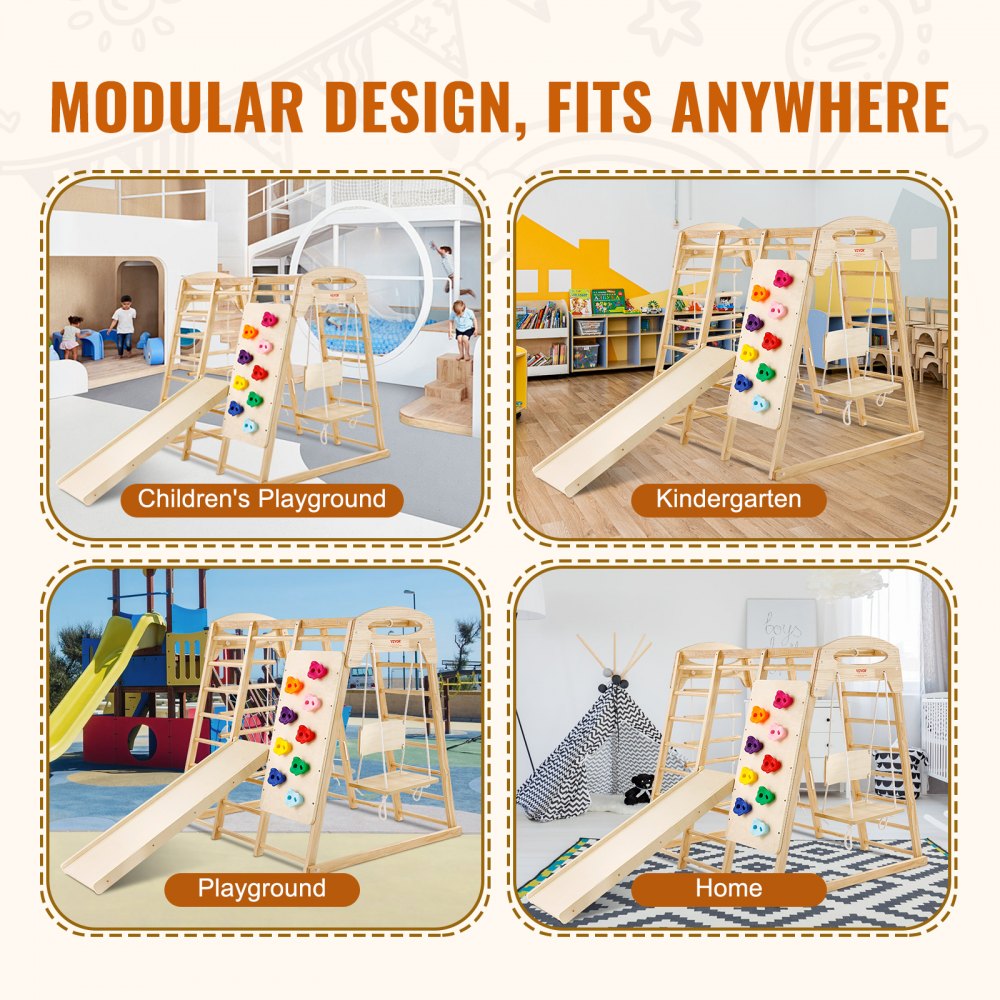 Indoor Jungle Gym, 7-in-1 Toddler Indoor Playground, Wooden Toddler Climbing Toys Indoor with Wood & Rope Ladder, Net Ladder, Swing, Monkey Bar, Slide, Climbing Wall, 43 x 47.2 x 47in