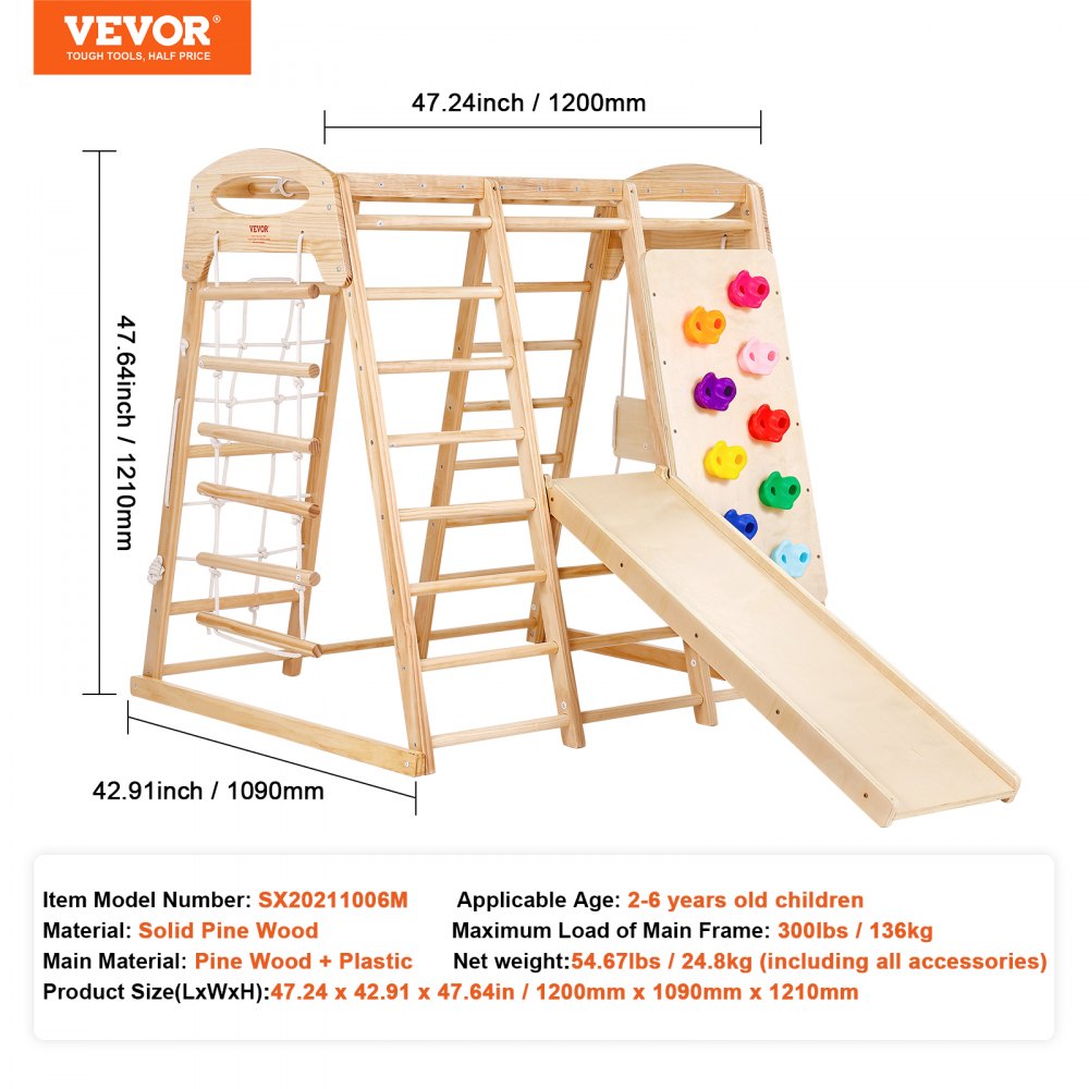 Indoor Jungle Gym, 7-in-1 Toddler Indoor Playground, Wooden Toddler Climbing Toys Indoor with Wood & Rope Ladder, Net Ladder, Swing, Monkey Bar, Slide, Climbing Wall, 43 x 47.2 x 47in