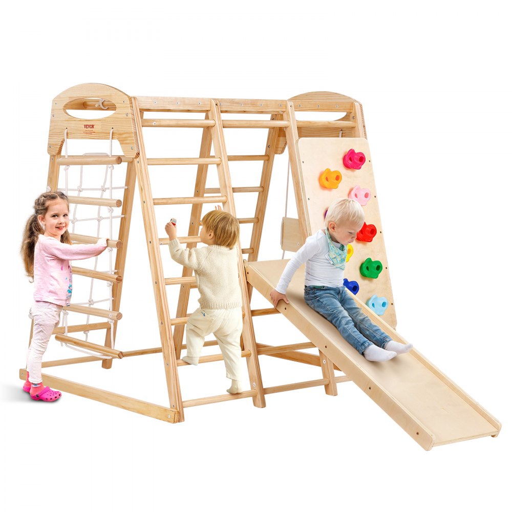 Indoor Jungle Gym, 7-in-1 Toddler Indoor Playground, Wooden Toddler Climbing Toys Indoor with Wood & Rope Ladder, Net Ladder, Swing, Monkey Bar, Slide, Climbing Wall, 43 x 47.2 x 47in
