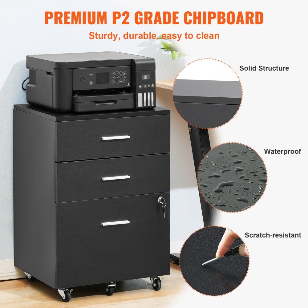 File Cabinet, 3-Drawer Wood Filing Cabinet, Locking Office Cabinet for Letter/A4 Size, File Cabinet with 5 Wheels for Home Office, Black