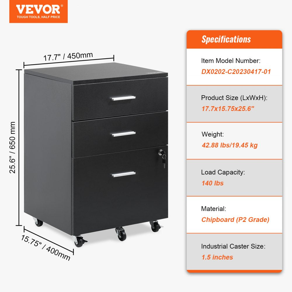 File Cabinet, 3-Drawer Wood Filing Cabinet, Locking Office Cabinet for Letter/A4 Size, File Cabinet with 5 Wheels for Home Office, Black