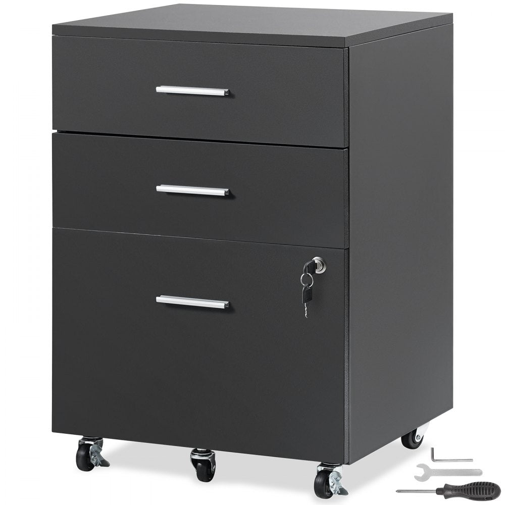 File Cabinet, 3-Drawer Wood Filing Cabinet, Locking Office Cabinet for Letter/A4 Size, File Cabinet with 5 Wheels for Home Office, Black