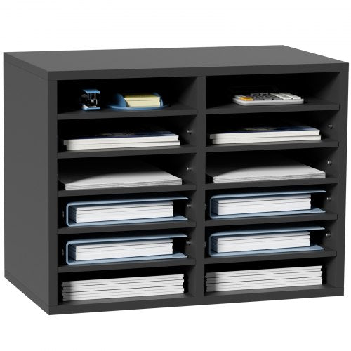 Literature Organizers, 12 Compartments Office Mailbox with Adjustable Shelves, Wood Literature Sorter 20.4x12x16.1 inches for Office, Home, Classroom, Mailrooms Organization, EPA Certified Grey