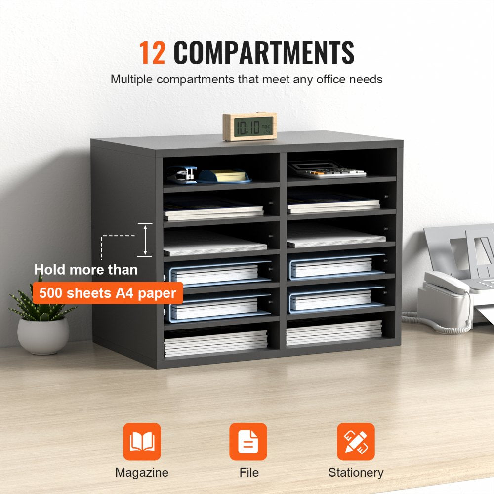 Literature Organizers, 12 Compartments Office Mailbox with Adjustable Shelves, Wood Literature Sorter 20.4x12x16.1 inches for Office, Home, Classroom, Mailrooms Organization, EPA Certified Grey