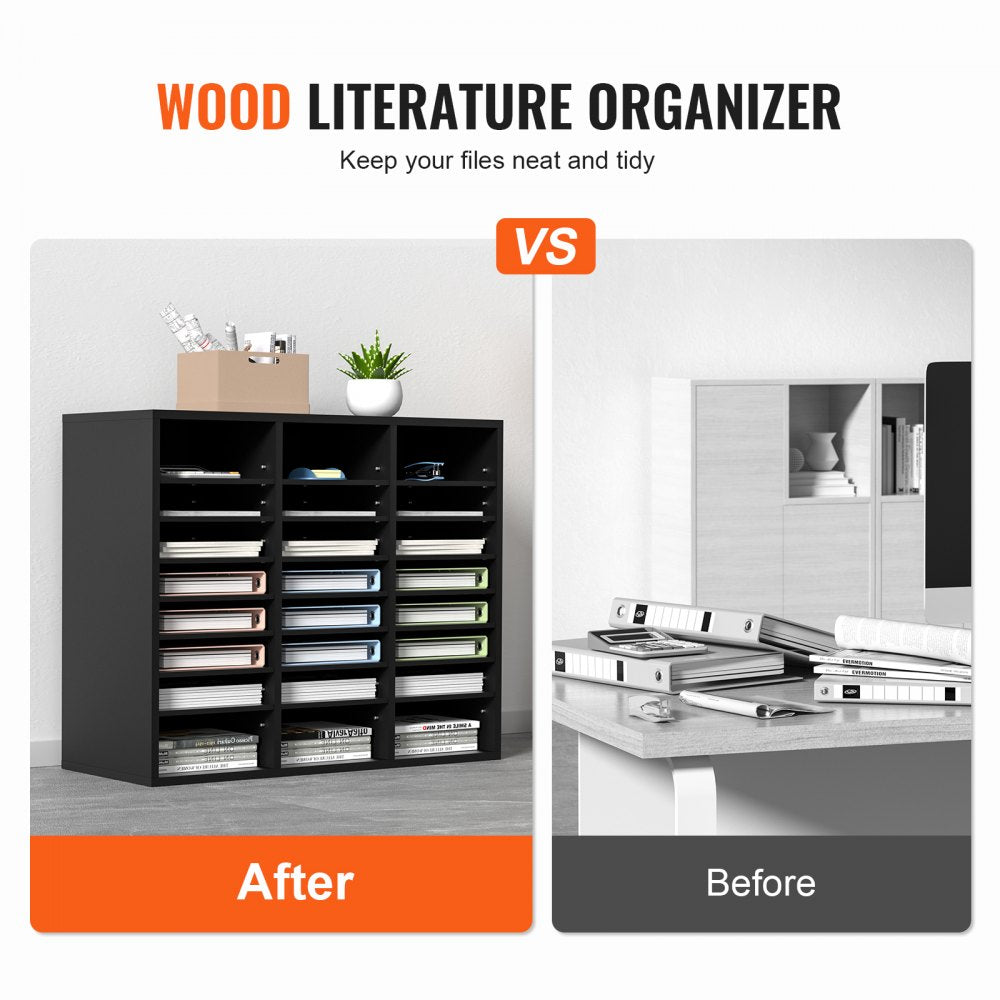 Wood Literature Organizer, 24 Compartments, File Sorter with Removable Shelves, Mailboxes Slot for Office Home Classroom Mailrooms Organization, EPA Certified, Black