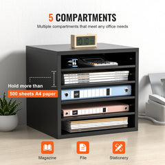 Literature Organizers, 5 Compartments Office Mailbox with Adjustable Shelves, Wood Literature Sorter 13.9x12x13 inches for Office, Home, Classroom, Mailrooms Organization, EPA Certified, Black