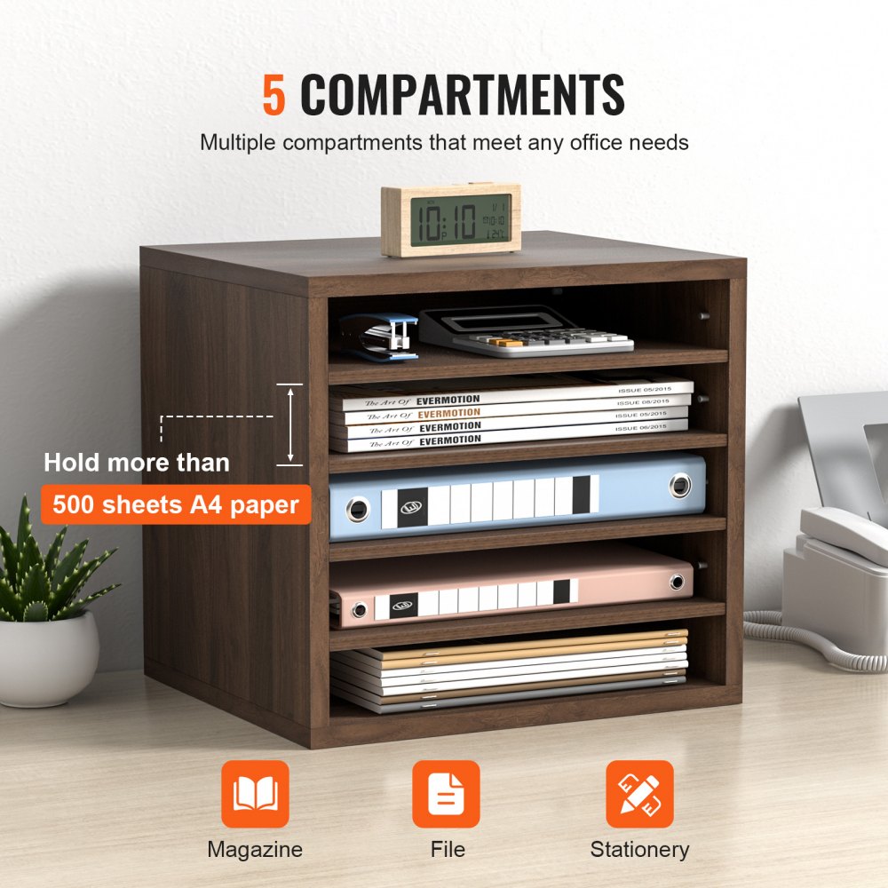 Literature Organizers, 5 Compartments Office Mailbox with Adjustable Shelves, Wood literature sorter 13.9x12x13 inches for Office, Home, Classroom, Mailrooms Organization, EPA Certified, Brown