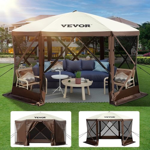 Brown and beige 10x10 6-sided pop-up gazebo tent with mesh screens and seating.
