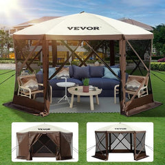 Brown and beige 10x10 6-sided pop-up gazebo tent with mesh screens and seating.