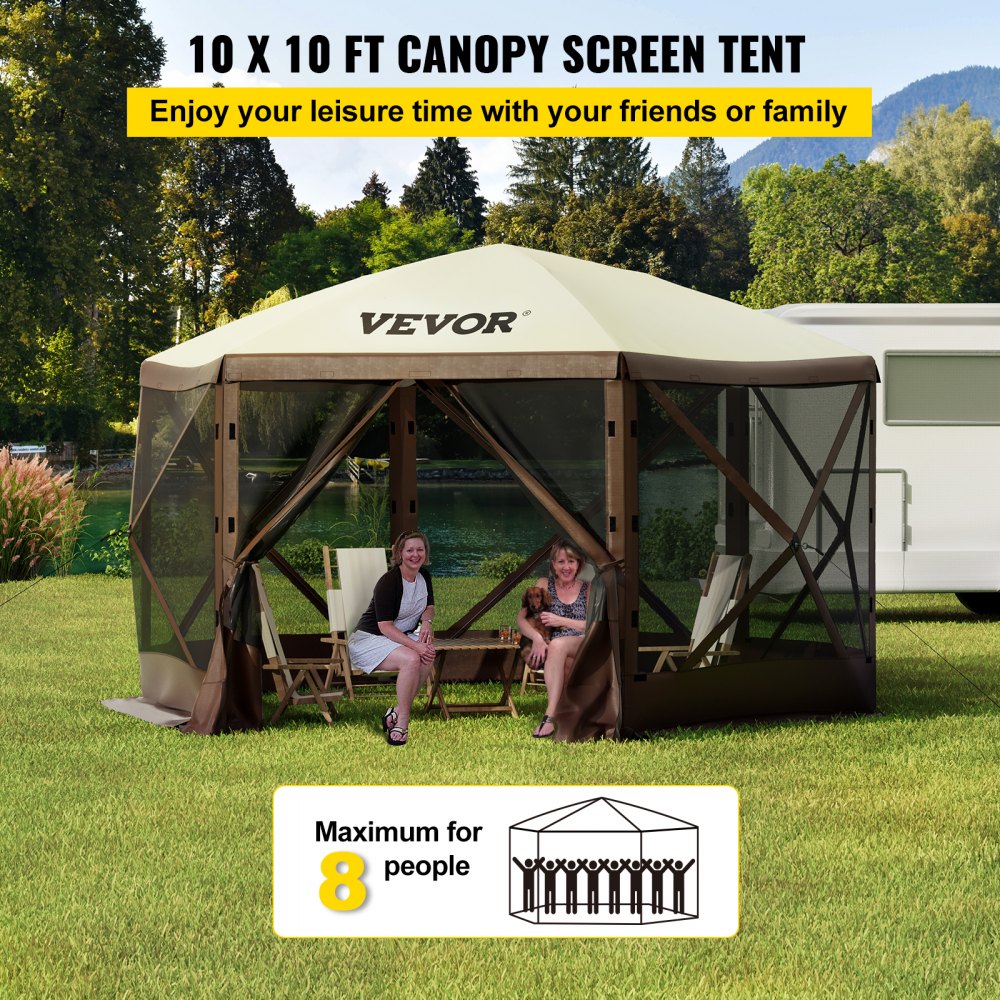 Bostome 10x10 6-sided pop-up camping gazebo tent in brown and beige with mesh screens.