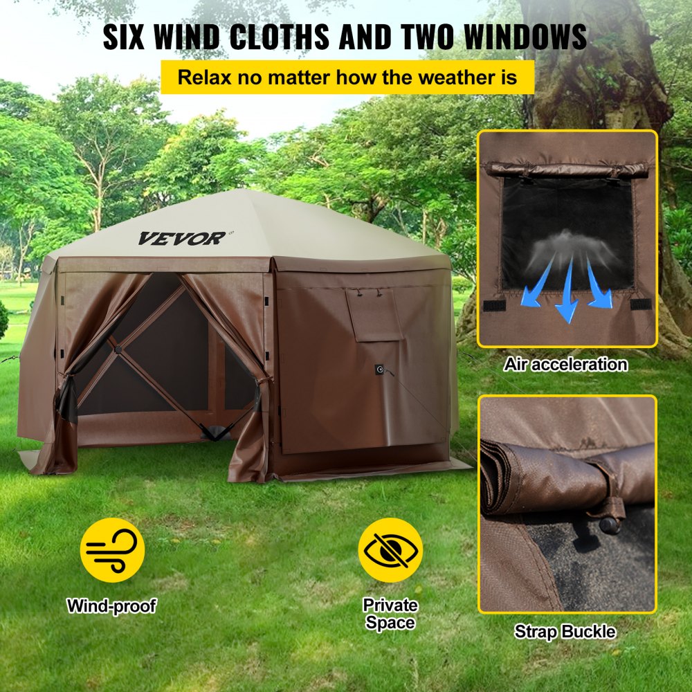 Brown beige 10x10 6-sided pop-up camping gazebo tent with mesh screens and wind panels.