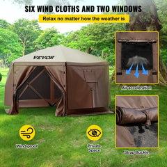 Brown beige 10x10 6-sided pop-up camping gazebo tent with mesh screens and wind panels.