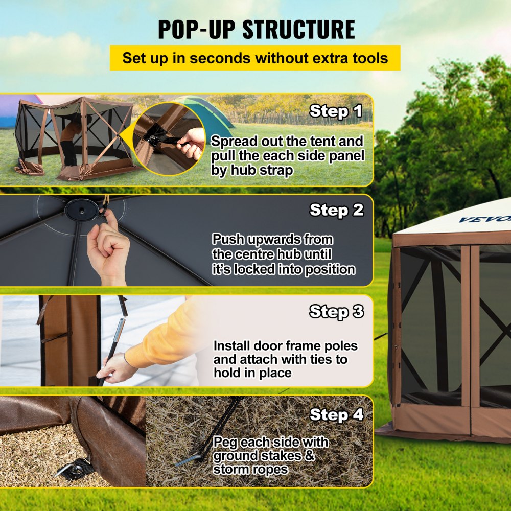 Infographic showing 4-step setup of a 10x10 pop-up camping gazebo tent.
