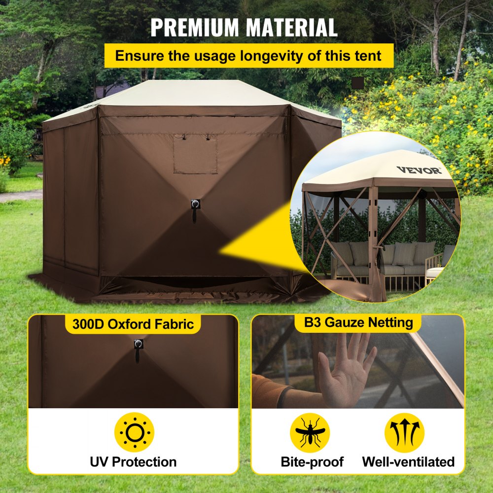 Brown beige 10x10 6-sided pop-up camping gazebo tent with UV-protective Oxford fabric and bug-proof netting.
