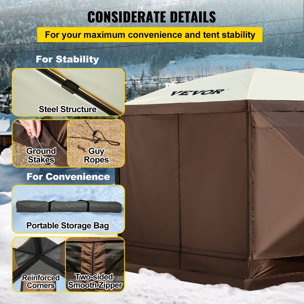 Infographic of Bostome 10x10 pop-up gazebo features: steel structure, stakes, ropes, storage bag, reinforced corners, and zippers.