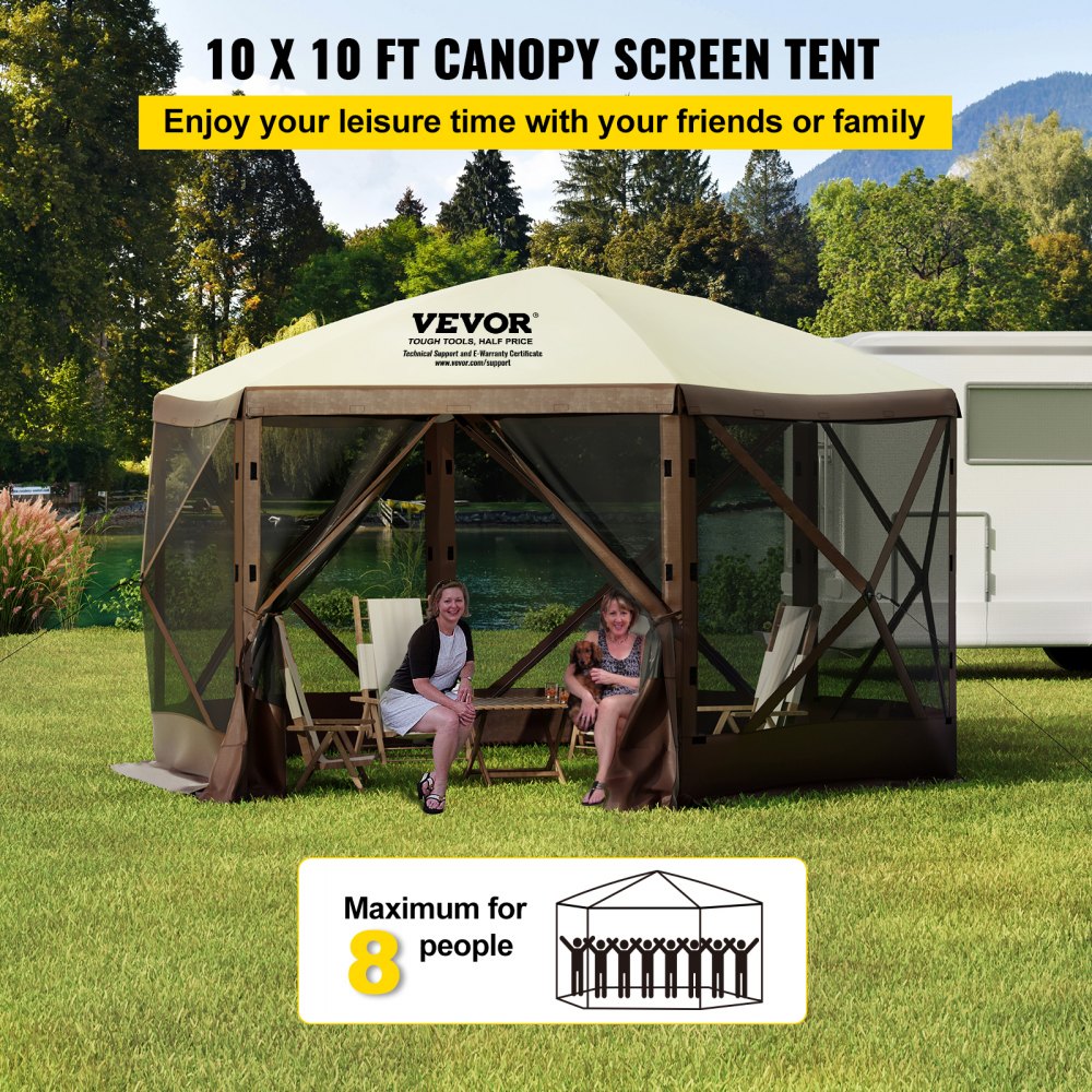 Camping Gazebo Screen Tent, 12*12ft, 6 Sided Pop-up Canopy Shelter Tent with Mesh Windows, Portable Carry Bag, Stakes, Large Shade Tents for Outdoor Camping, Lawn and Backyard, Brown/Beige