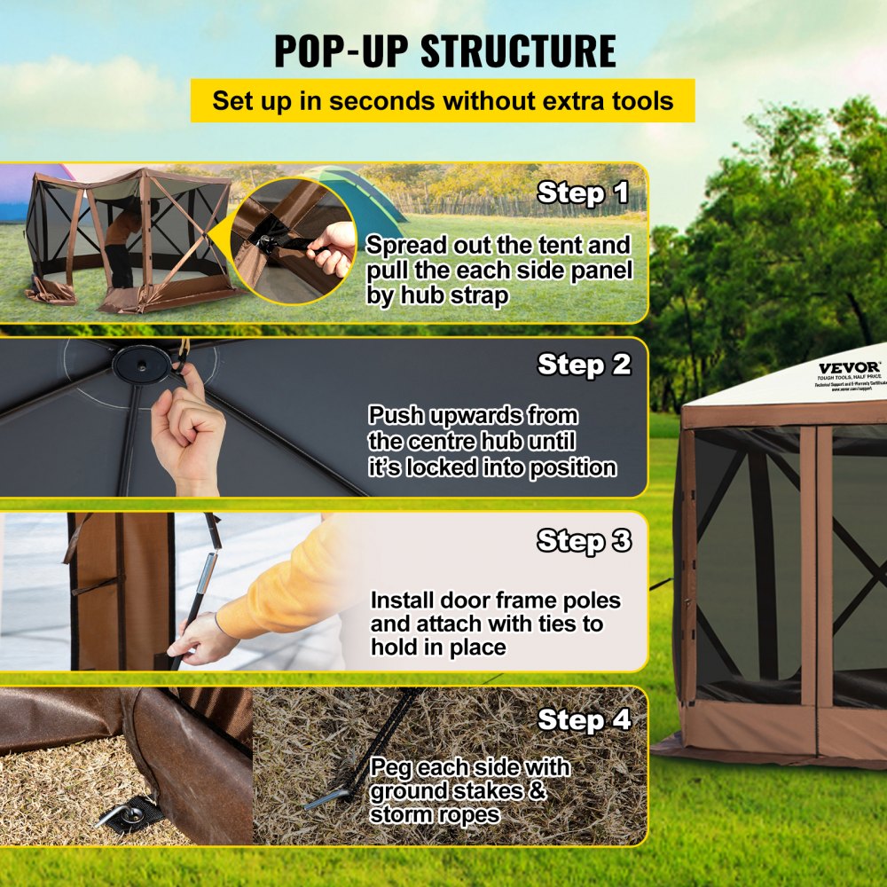 Camping Gazebo Screen Tent, 12*12ft, 6 Sided Pop-up Canopy Shelter Tent with Mesh Windows, Portable Carry Bag, Stakes, Large Shade Tents for Outdoor Camping, Lawn and Backyard, Brown/Beige