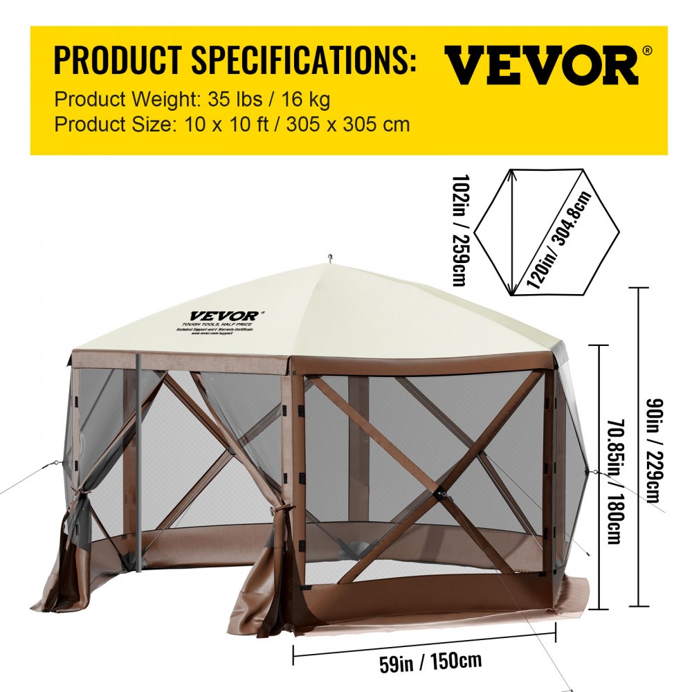 Camping Gazebo Screen Tent, 12*12ft, 6 Sided Pop-up Canopy Shelter Tent with Mesh Windows, Portable Carry Bag, Stakes, Large Shade Tents for Outdoor Camping, Lawn and Backyard, Brown/Beige