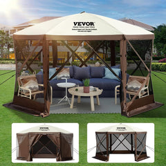 Camping Gazebo Screen Tent, 12*12ft, 6 Sided Pop-up Canopy Shelter Tent with Mesh Windows, Portable Carry Bag, Stakes, Large Shade Tents for Outdoor Camping, Lawn and Backyard, Brown/Beige