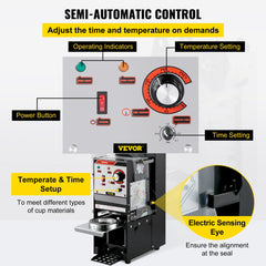 Semi-automatic Cup Sealing Machine, 300-500 Cup/h Tea Cup Sealer Machine, Black Boba Cup Sealer Machine, 90/95mm Cup Diameter Boba Cup Sealing Machine with Control Panel for Bubble Milk Tea